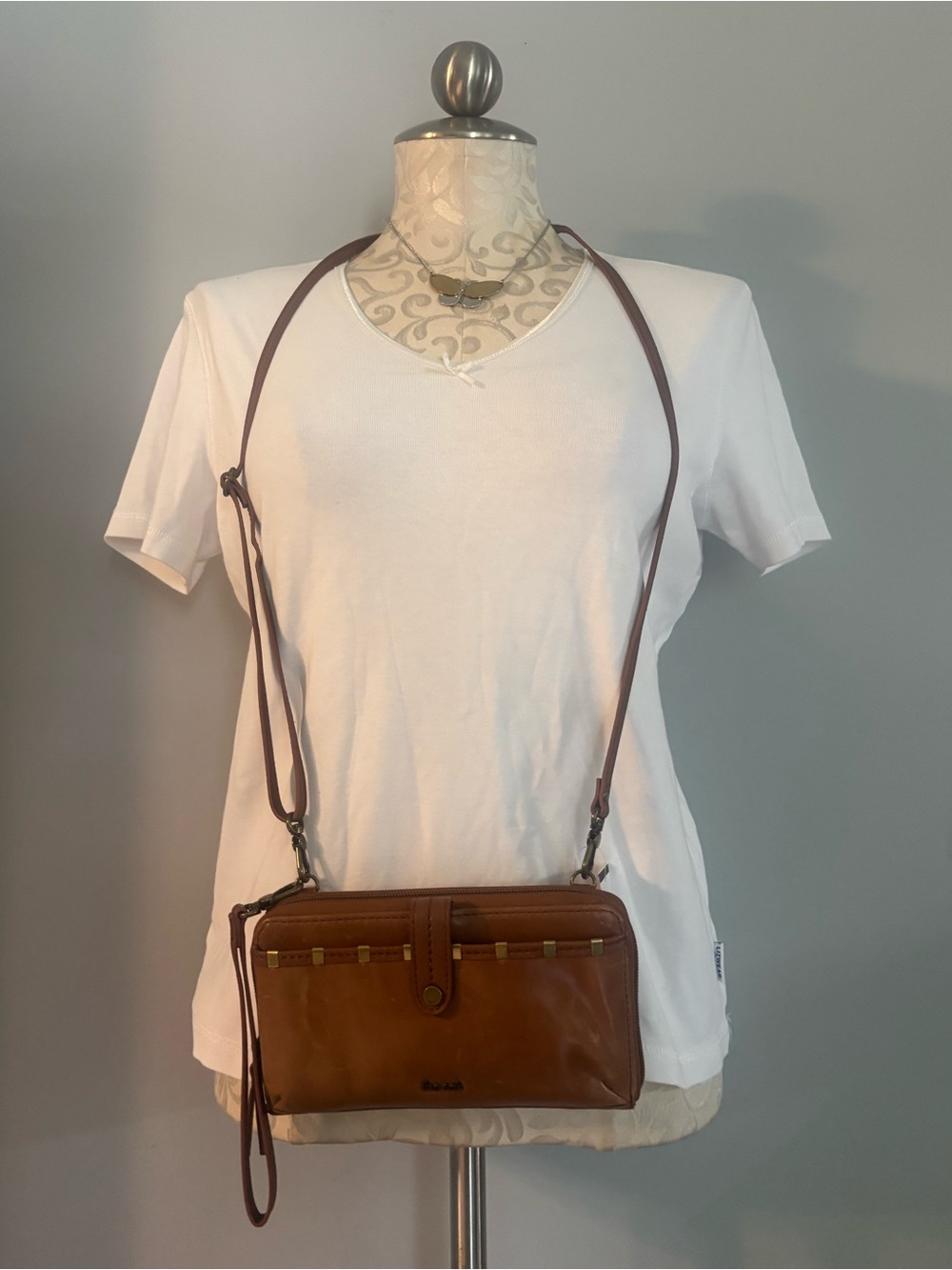 The Sak Brown Leather Crossbody Wallet Purse with Gold Studs